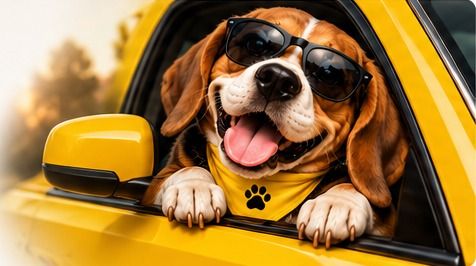 Beagle AutoHau w okularach przeciwsłonecznych przy żółtym aucie